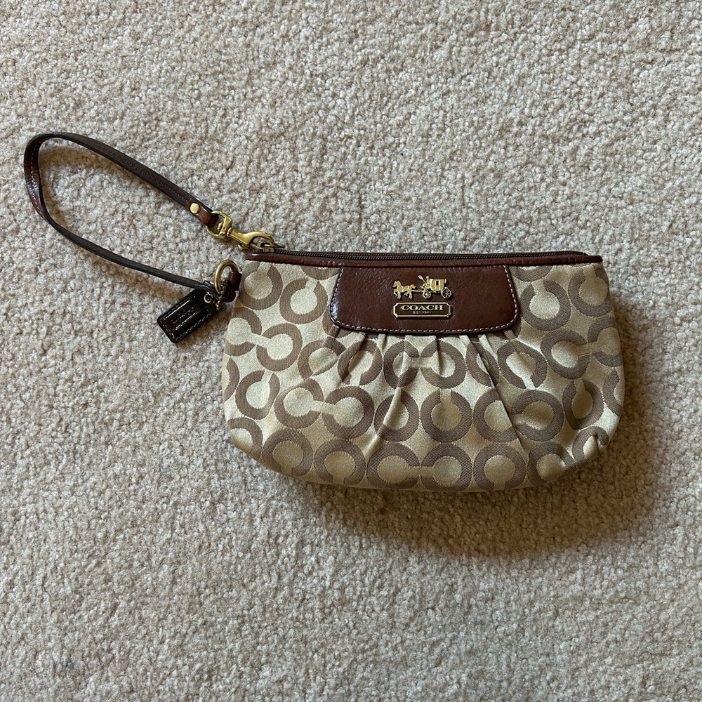 Authentic Coach Gold, Tan and Brown Signature Wristlet